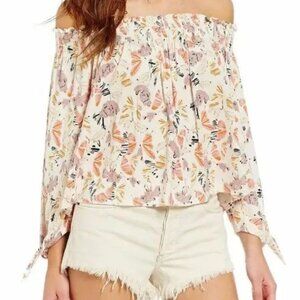 Free People Lexington Ivory Off Shoulder Floral Butterfly Blouse Top XS